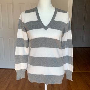 Gap Gray & White Striped V-neck Sweater